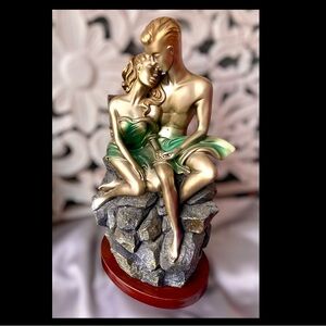 Vintage Sculpture “Romantic Couple on Rock” Gold & Green Cold Cast Bronze Style